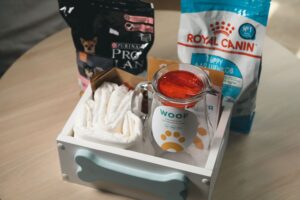 миска, корм, вода, памятка, пет-пеленки, кровать-место для сна.
